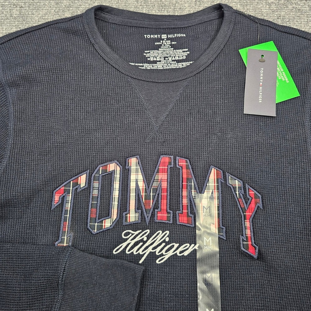 Tommy Hilfiger Thermal Shirt Mens Plaid Logo Waffle Knit Long Sleeve Navy‎ M